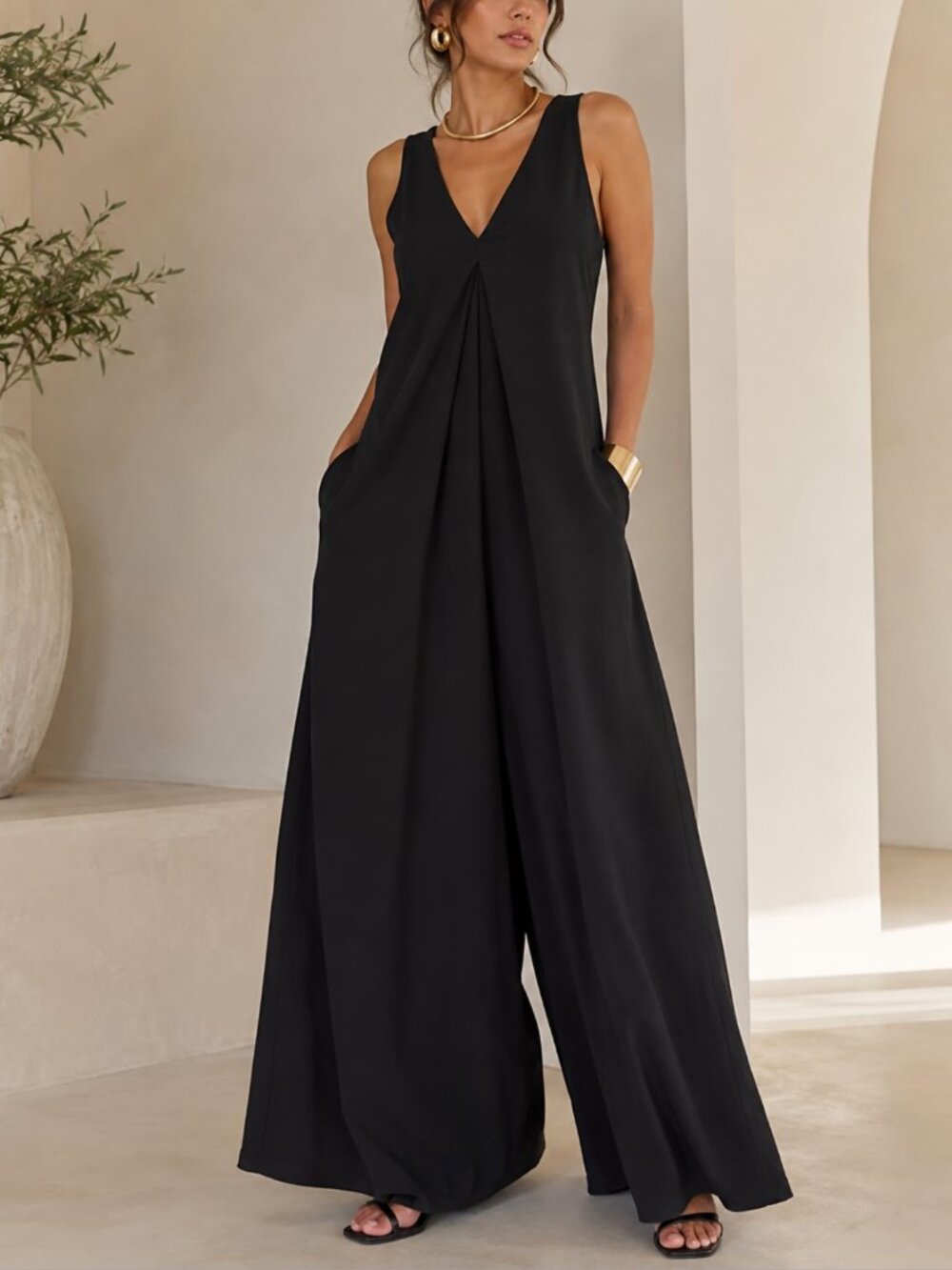ASOS Front Pleat Wide Leg Palazzo Jumpsuit Black 6 Minimalist Evening EUC